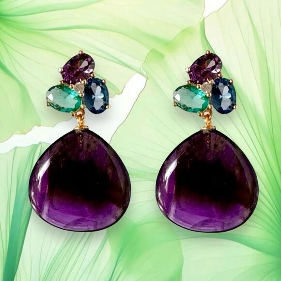 NWT Statement Amethyst Drop Earrings Teardrop 18K Plated Crystal Accents Event - Picture 11 of 11